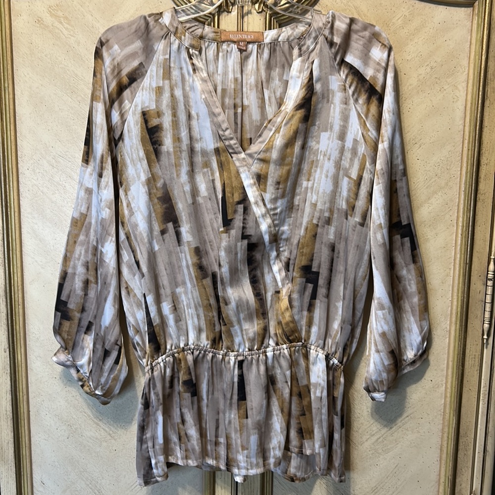 Ellen Tracy Tan Gold Brown White Elastic Waist Cross Front Faux Wrap Blouse